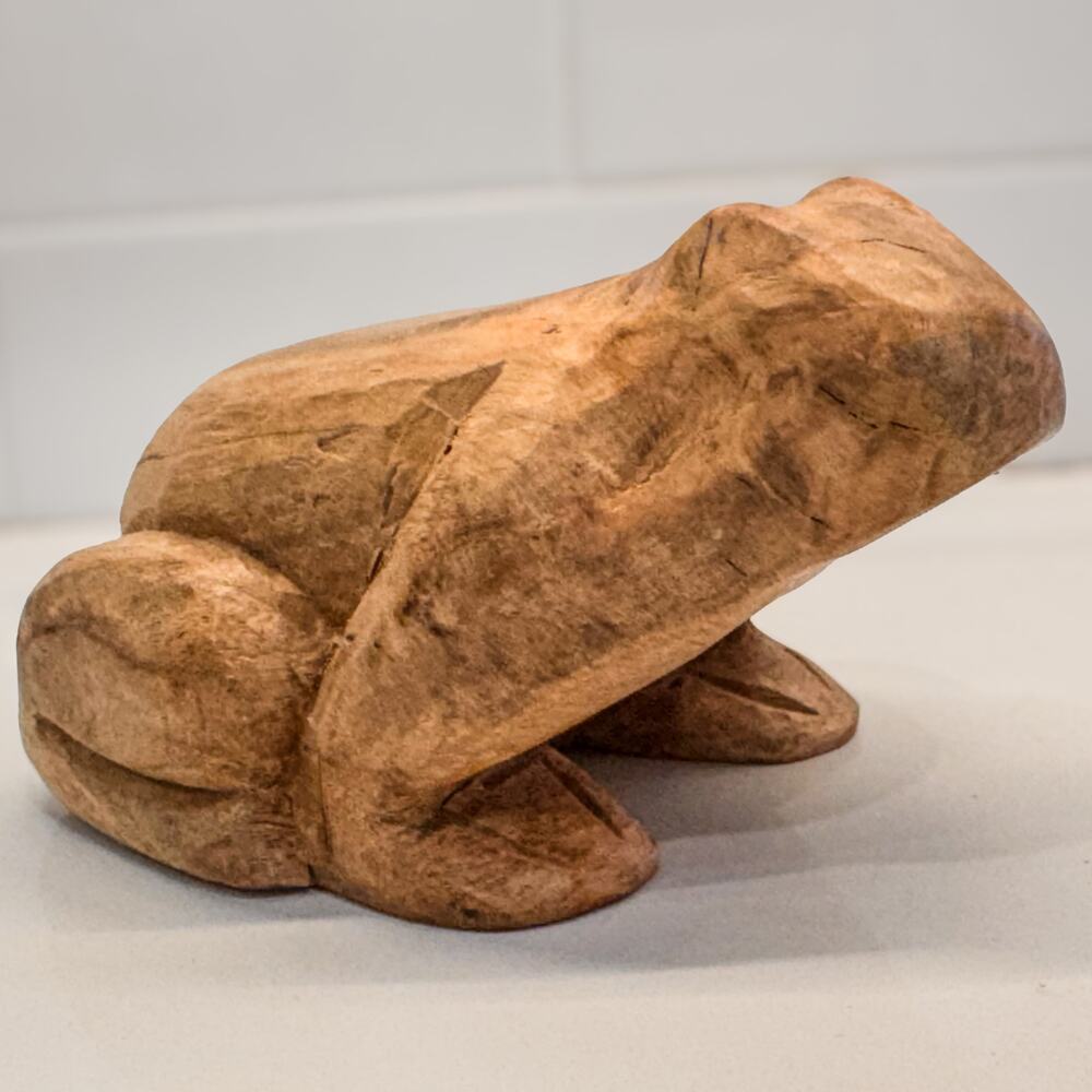 Vintage Hand Carved Wood Frog Figurine 6” Rustic Primitive Folk Art Statue